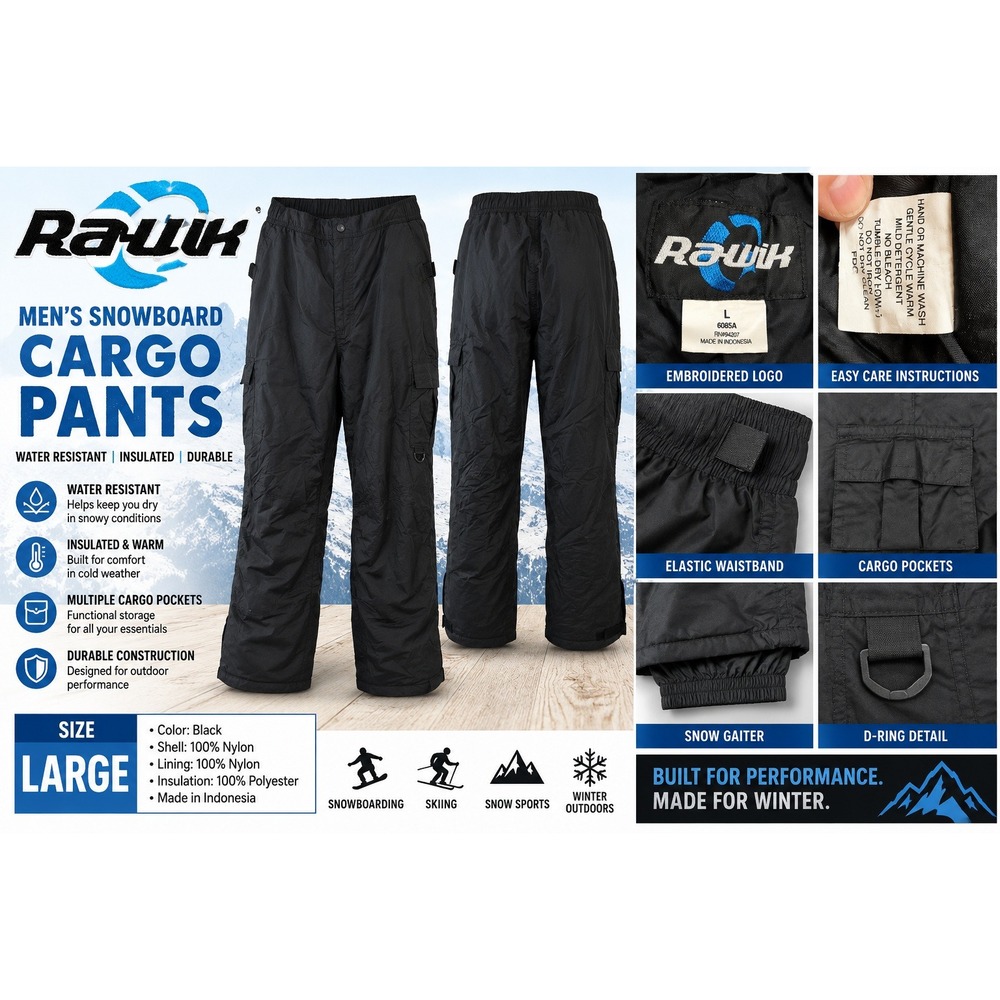 Rawik Mens Black Insulated Cargo Snow Pants Ski Snowboard Size Large 6085A